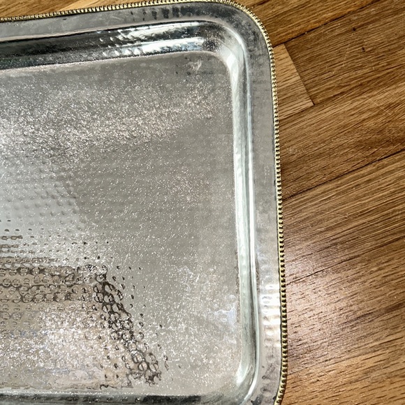 Hammered Steel Silver Metal Tray Platter Gold Trim 16.5” x 12.5” - Picture 2 of 3
